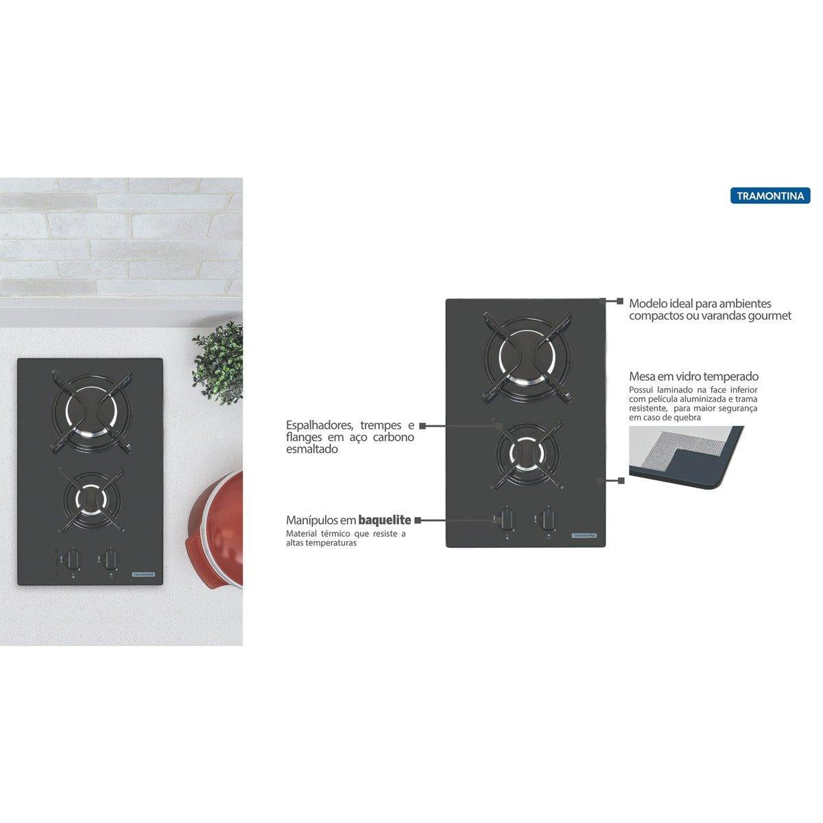 Cooktop a Gás Tramontina Dominó 2GG 30 em Vidro Temperado Preto 2 Queimadores