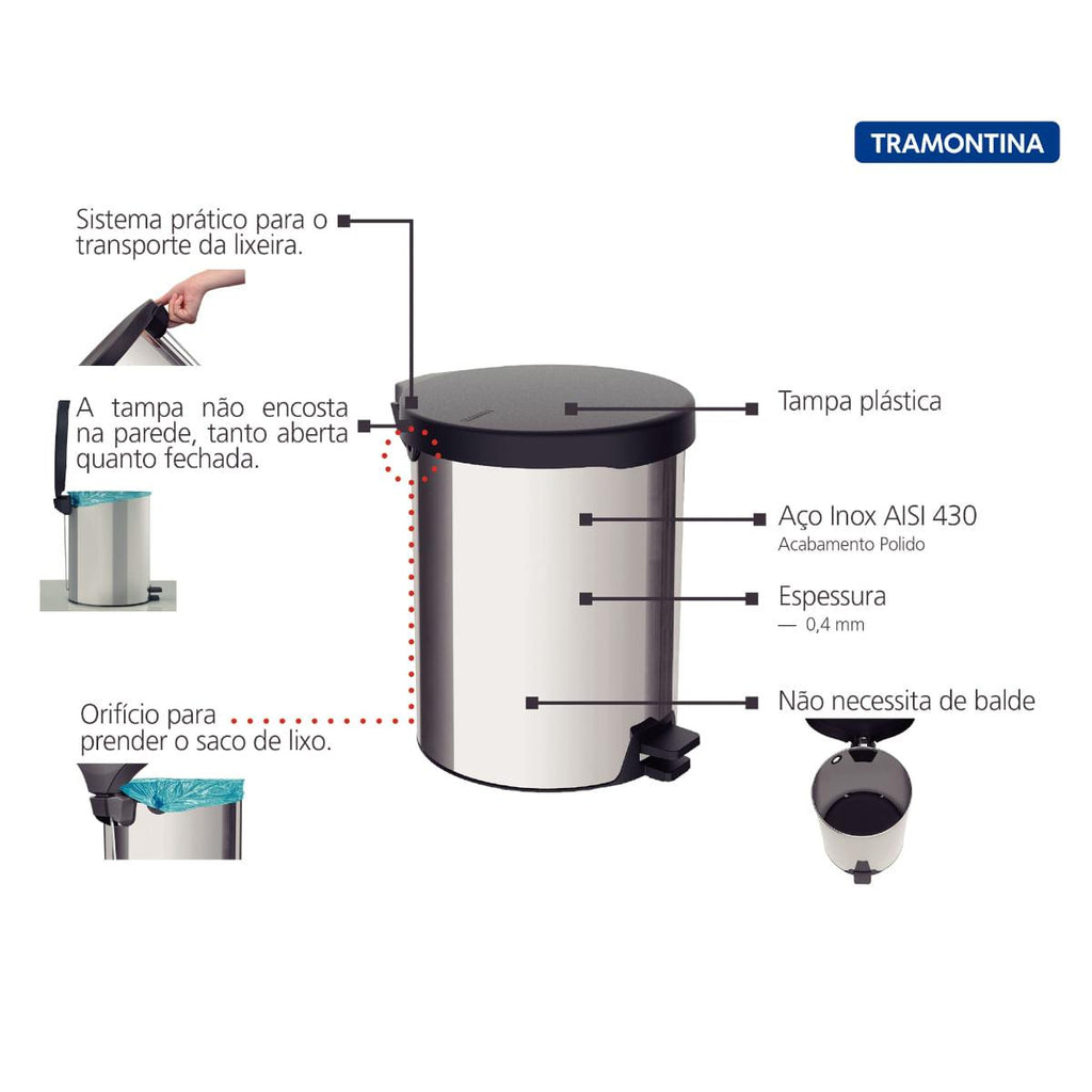 Lixeira com Pedal 12 Litros New Tramontina em Aço Inox Polido com Tampa Plástica