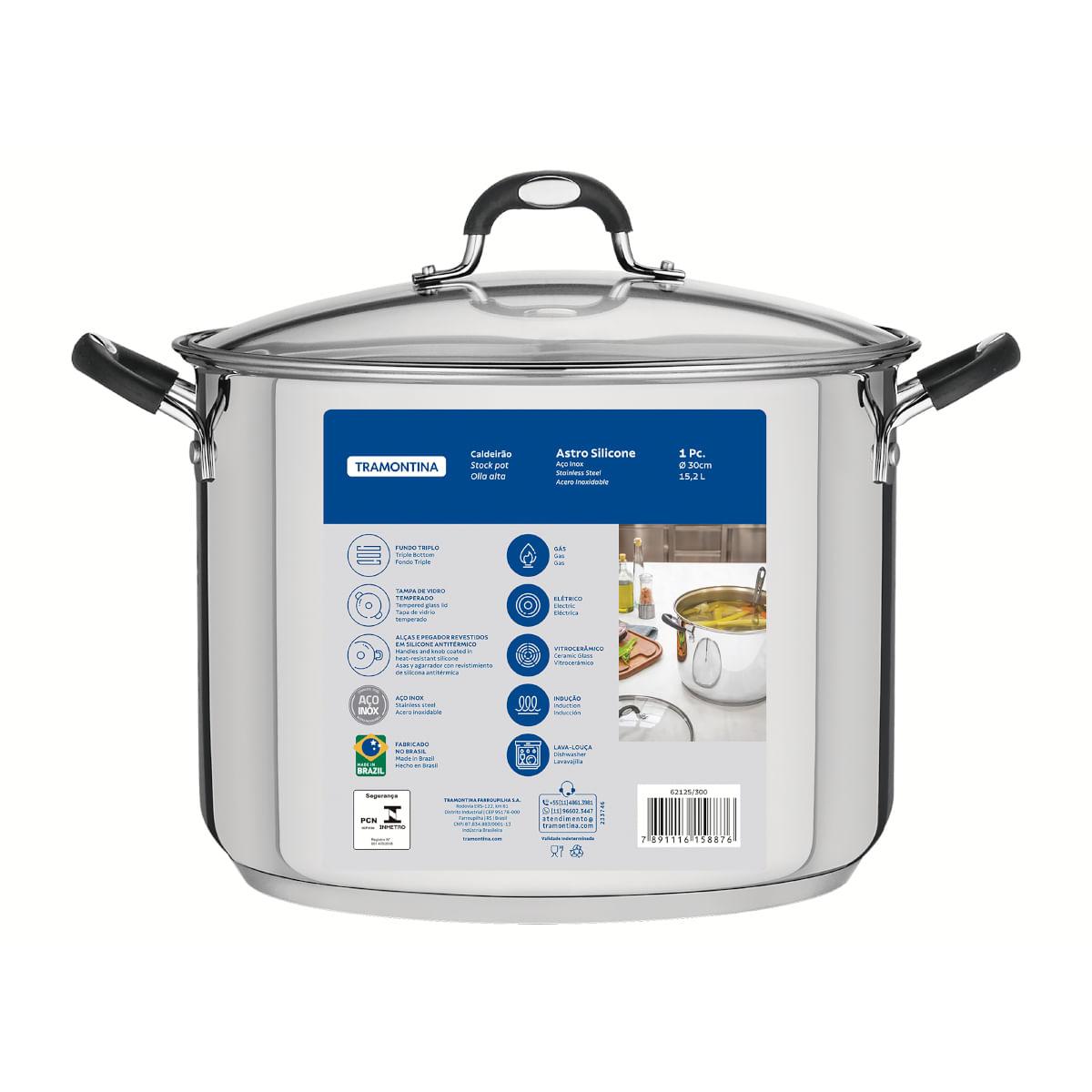 Caldeirão Tramontina Astro Aço Inox Tampa de Vidro 30 cm 15,2 Litros
