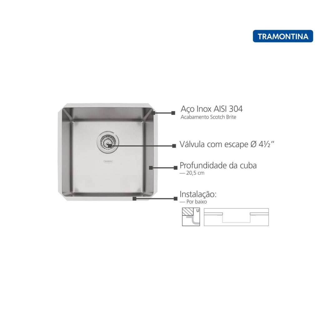Cuba de Embutir Quadrum 40 U Undermount Tramontina 40 x 40 x 20 cm em Aço Inox Scotch Brite com Válvula
