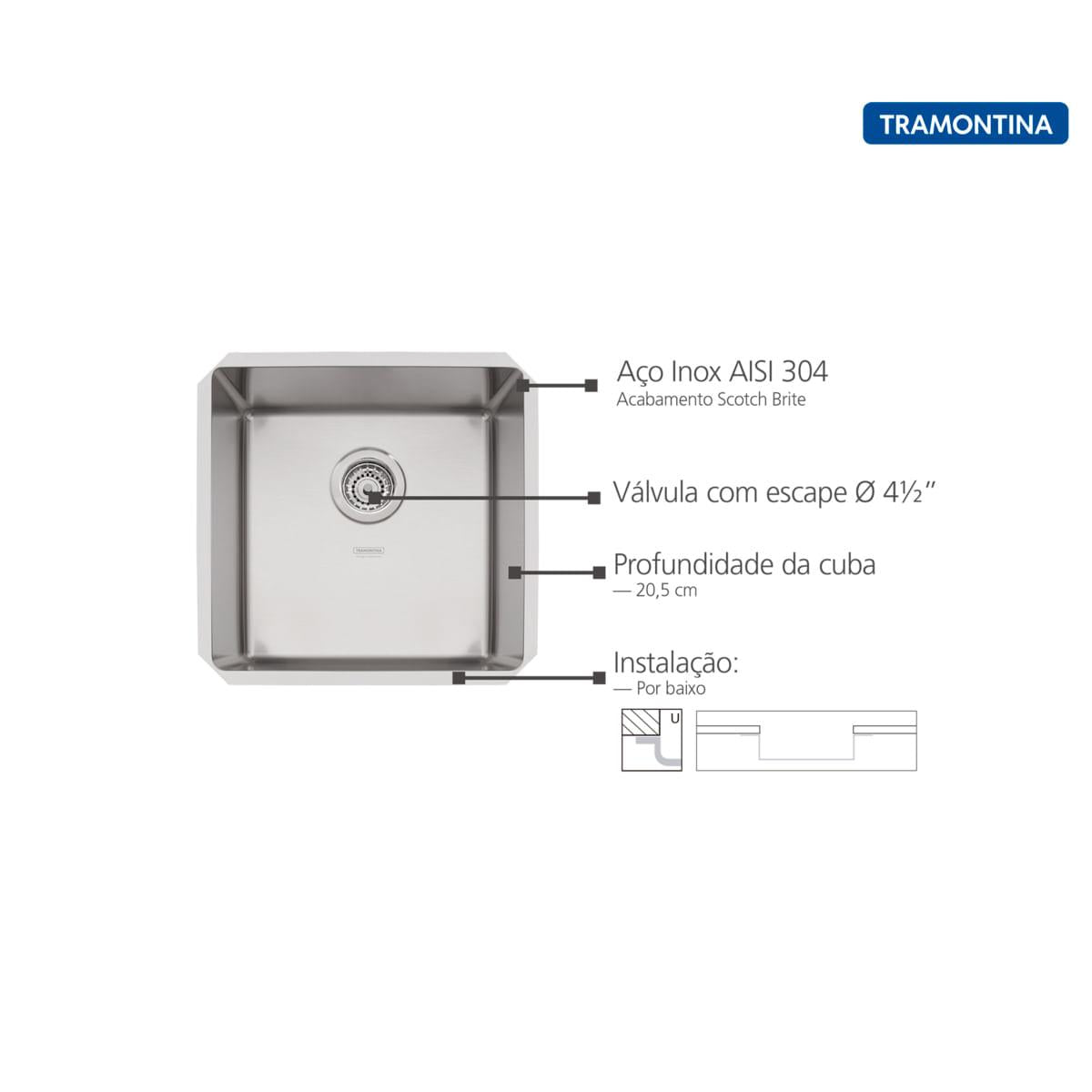 Cuba de Embutir Quadrum 40 U Undermount Tramontina 40 x 40 x 20 cm em Aço Inox Scotch Brite com Válvula