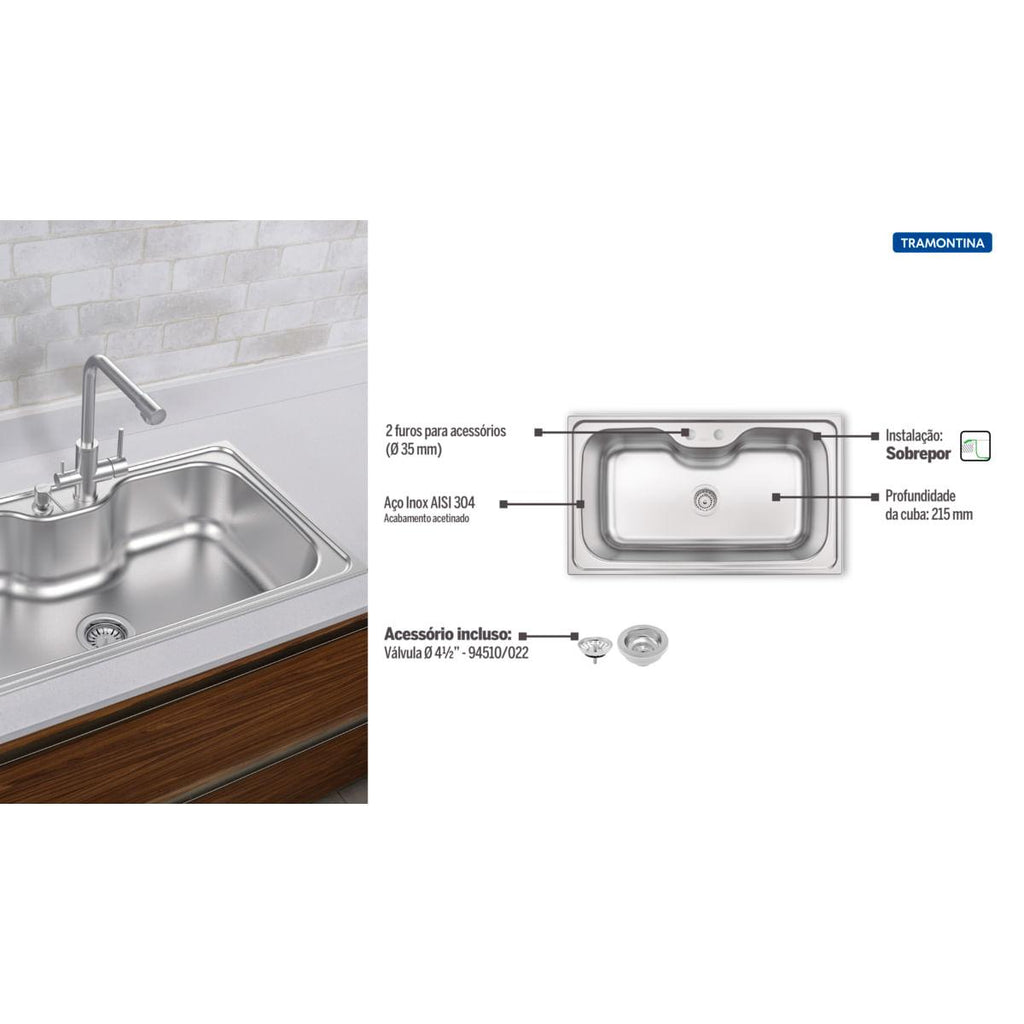 Cuba de Sobrepor Tramontina Morgana Maxi 86x50 cm em Aço Inox Acetinado com Válvula 93801122