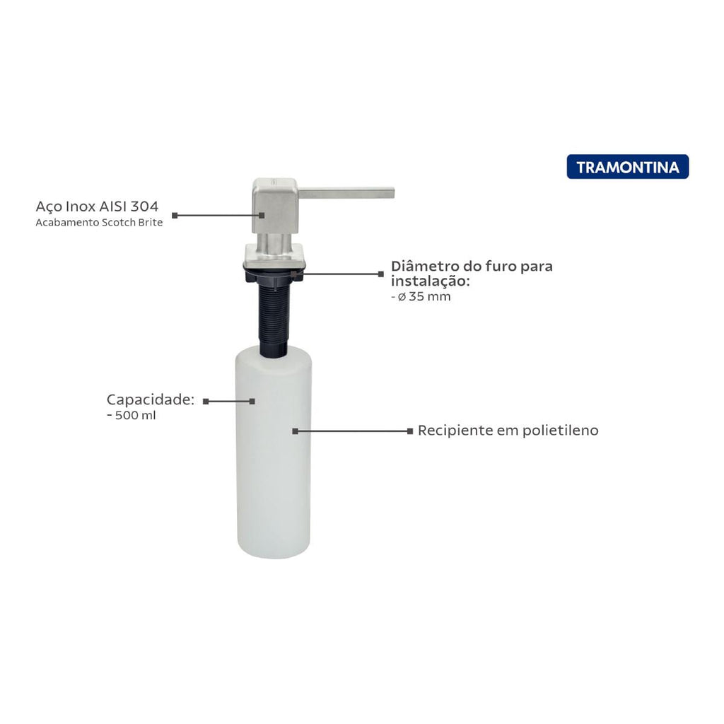 Dosador de Sabão Square Tramontina em Aço Inox com Recipiente Plástico 500 ml