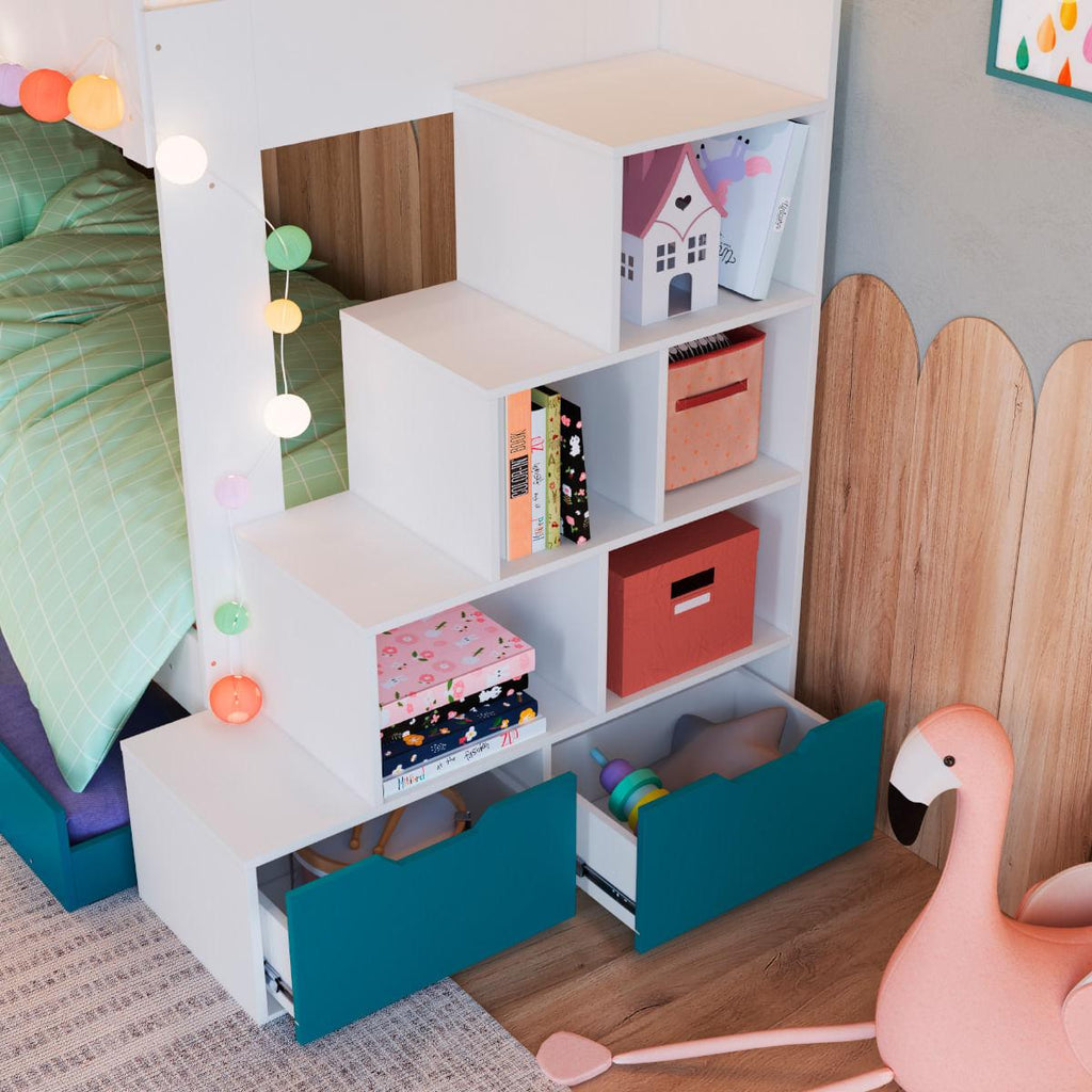 Treliche Infantil Branco e Azul Escada Lateral Nichos Gavetas e Cama Auxiliar Completa Móveis