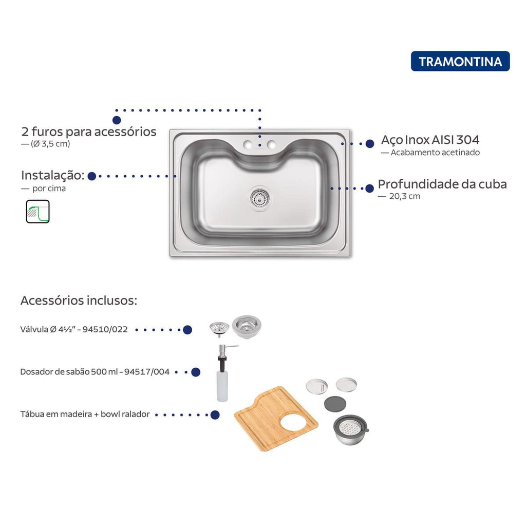 Cuba de Sobrepor Tramontina Morgana 60 FX Aço Inox com Dosador de Sabão Tábua e Bowl Ralador