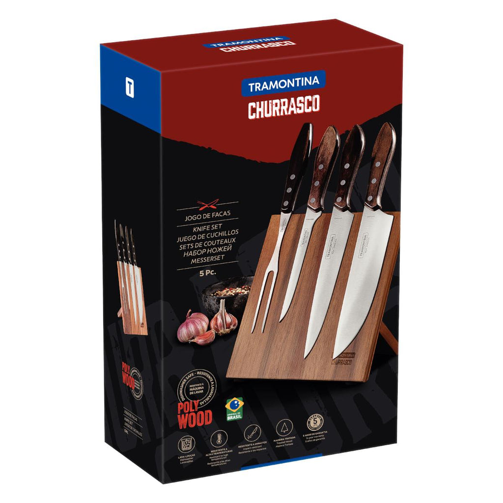 Jogo para Churrasco Tramontina em Aço Inox Cabos em Madeira Polywood Castanho 5 Peças