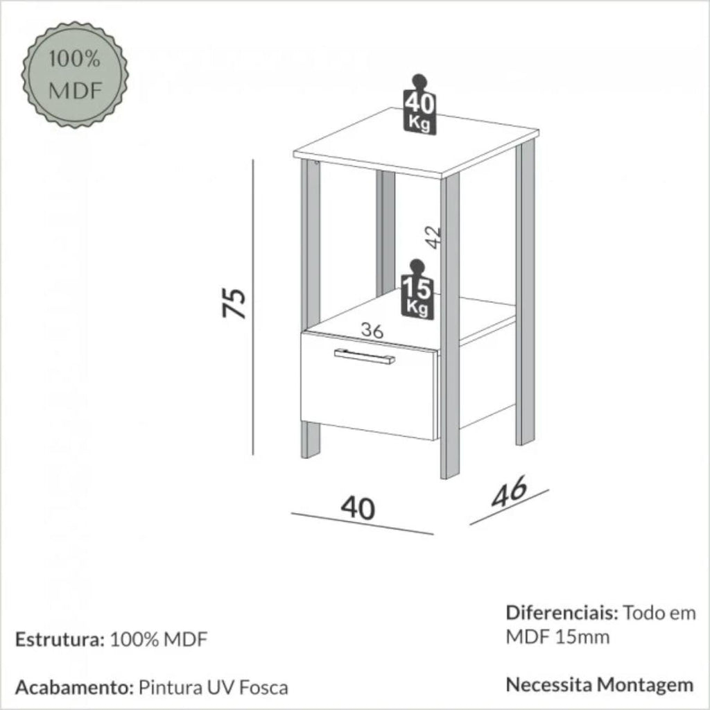 Mesa Auxiliar 1 Gaveta em MDF 40x46x75cm Off White Freijó Dalla Costa