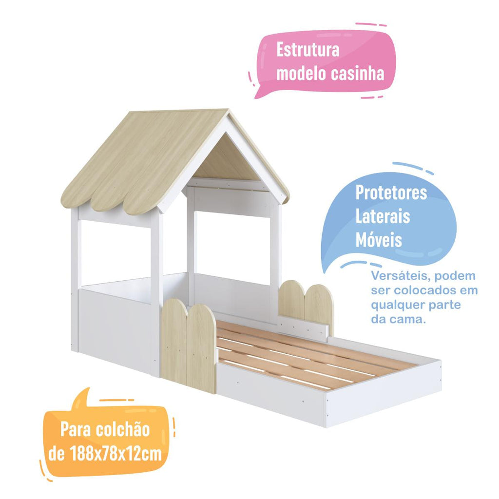 Cama Infantil Montessoriana Casinha Branca e Carvalho Completa Móveis