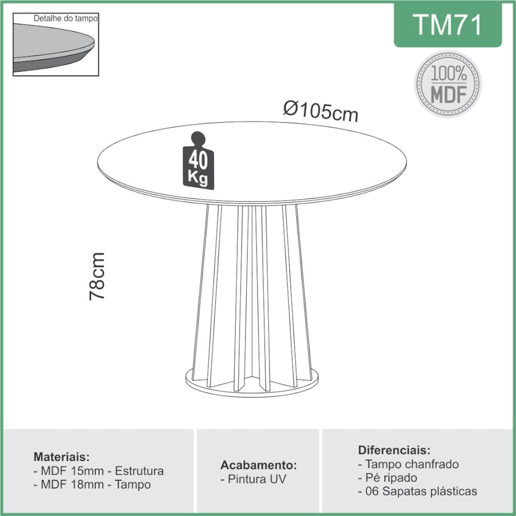 Mesa de Jantar Redonda em MDF 105 cm Freijó/Preto Fosco TM71 JPF Dalla Costa