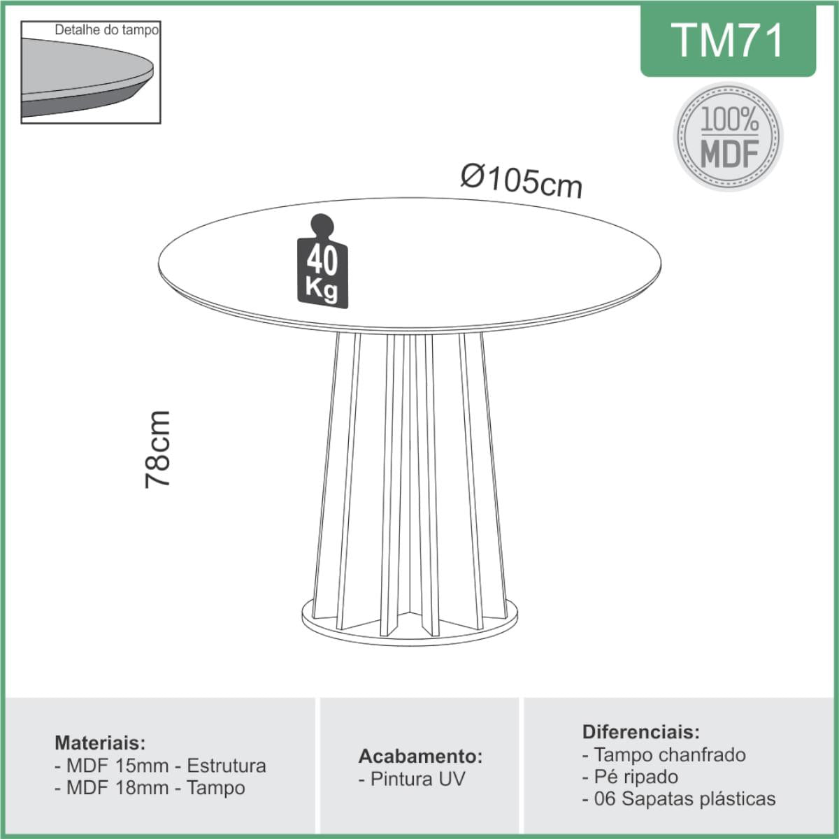 Mesa de Jantar Redonda em MDF 105 cm Freijó/Preto Fosco TM71 JPF Dalla Costa