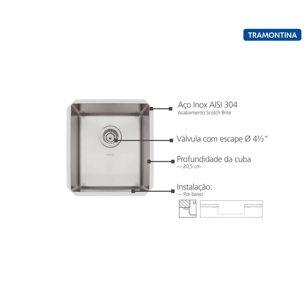 Cuba de Embutir Quadrum 34 U Undermount Tramontina 34 x 40 x 20 cm em Aço Inox Scotch Brite com Válvula