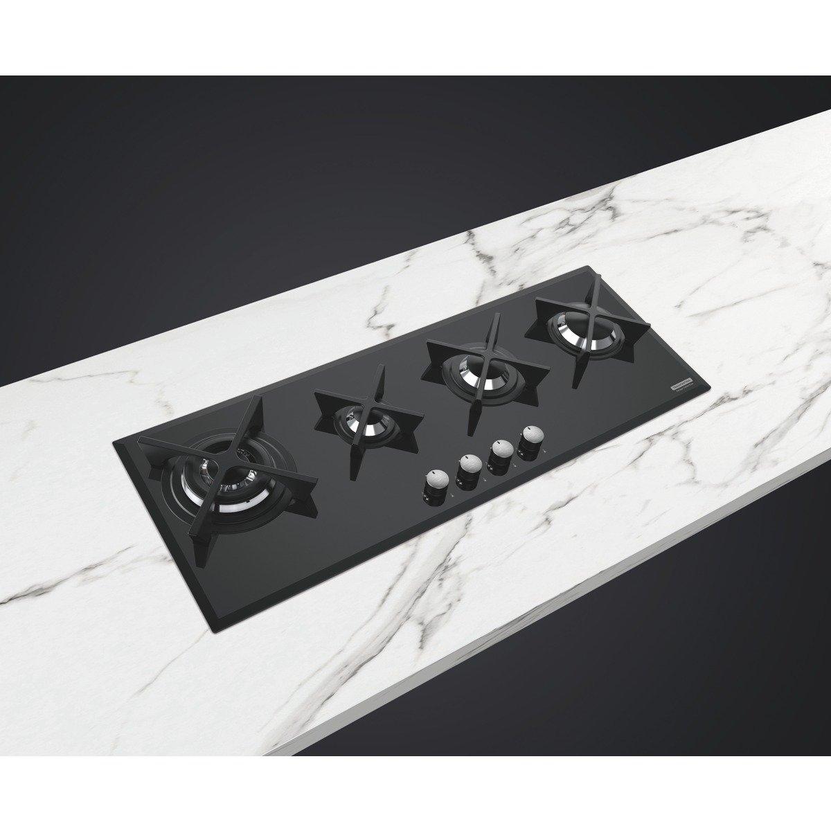 Cooktop a Gás Tramontina Slim Glass Flat 4GG B 100 Safestop em Vidro Temperado Preto e Trempes em Ferro Fundido