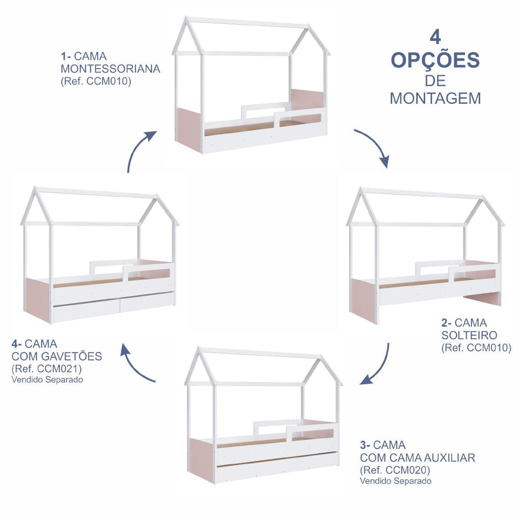 Cama Infantil Montessoriana Solteiro Branco com Rosa Completa Móveis