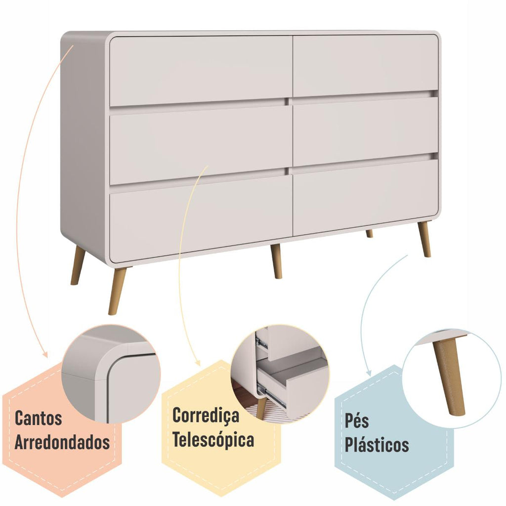 Cômoda 6 Gavetas Curve Bege Dunas Completa Móveis