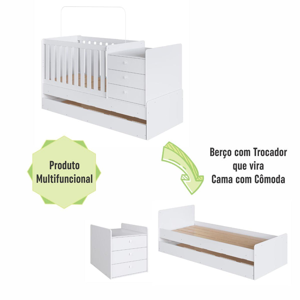 Berço Cama com Cômoda e Cama Auxiliar Branco Completa Móveis