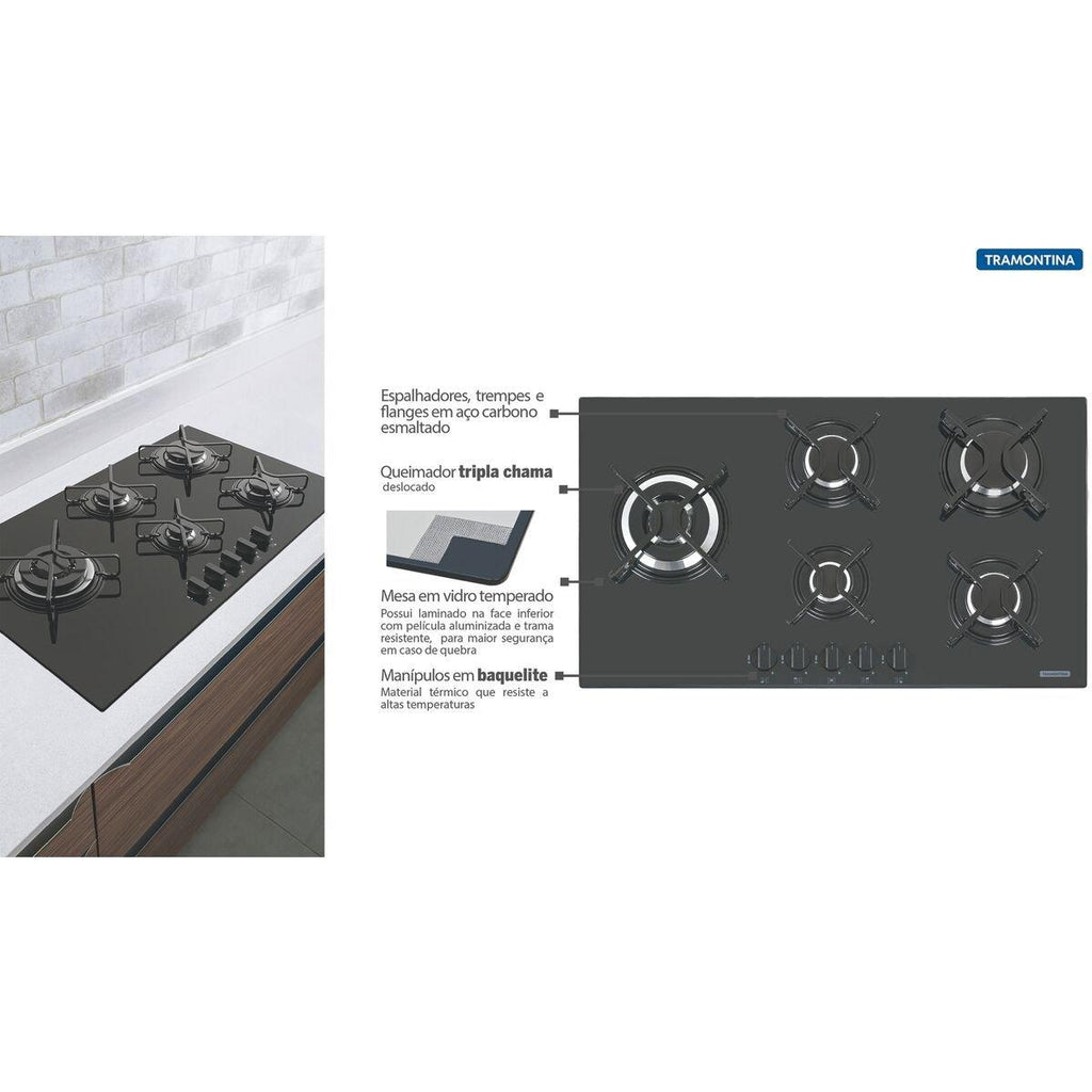 Cooktop a Gás Tramontina Penta Side Plus 5GG B Tri 90 em Vidro Temperado Preto