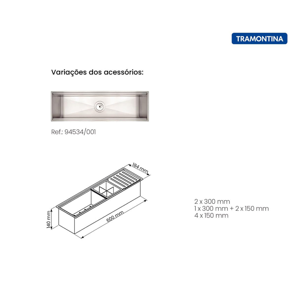 Canal Organizador em Aço Inox Tramontina para Sobrepor com Acabamento Scotch Brite 60x18 cm