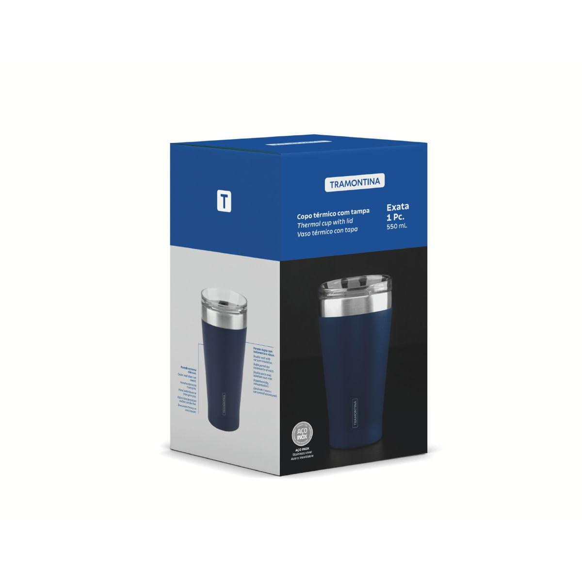 Copo Térmico Tramontina Exata em Aço Inox Azul com Tampa 550 ml