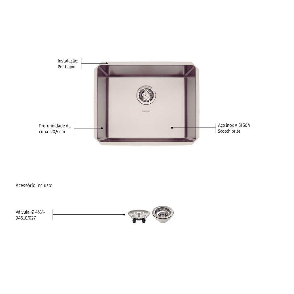 Cuba de Embutir Quadrum 50 U Undermount Tramontina 50x40x20 cm Aço Inox Acetinado