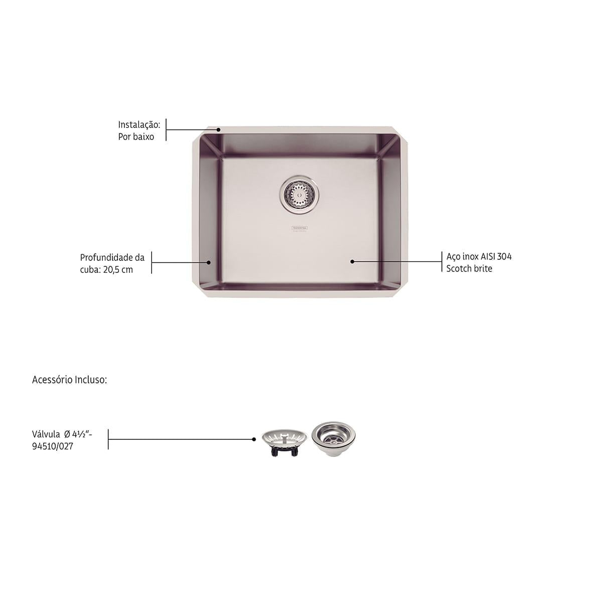 Cuba de Embutir Quadrum 50 U Undermount Tramontina 50x40x20 cm Aço Inox Acetinado