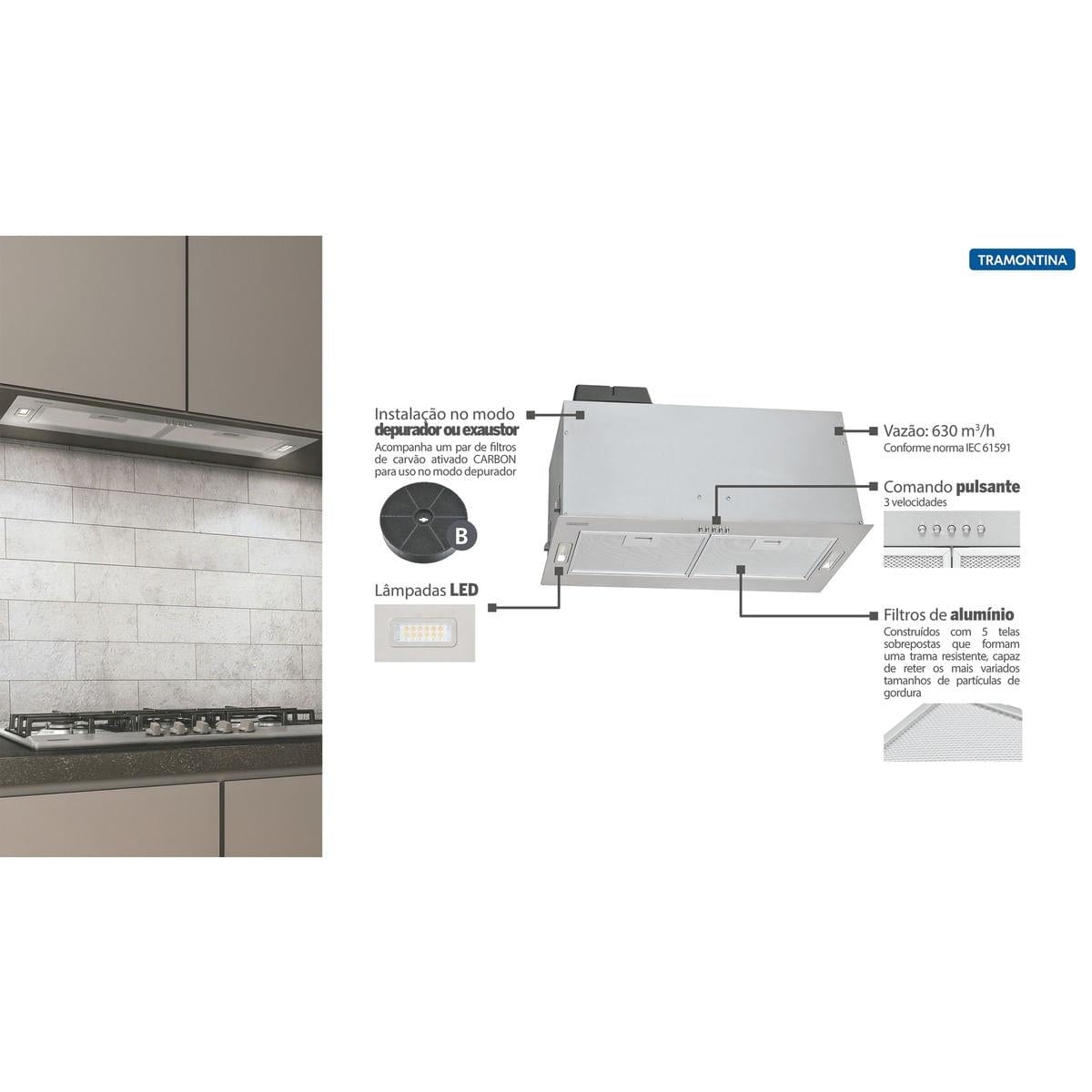 Coifa de Embutir Tramontina Incasso Retangular em Aço Inox 75 cm 220 V