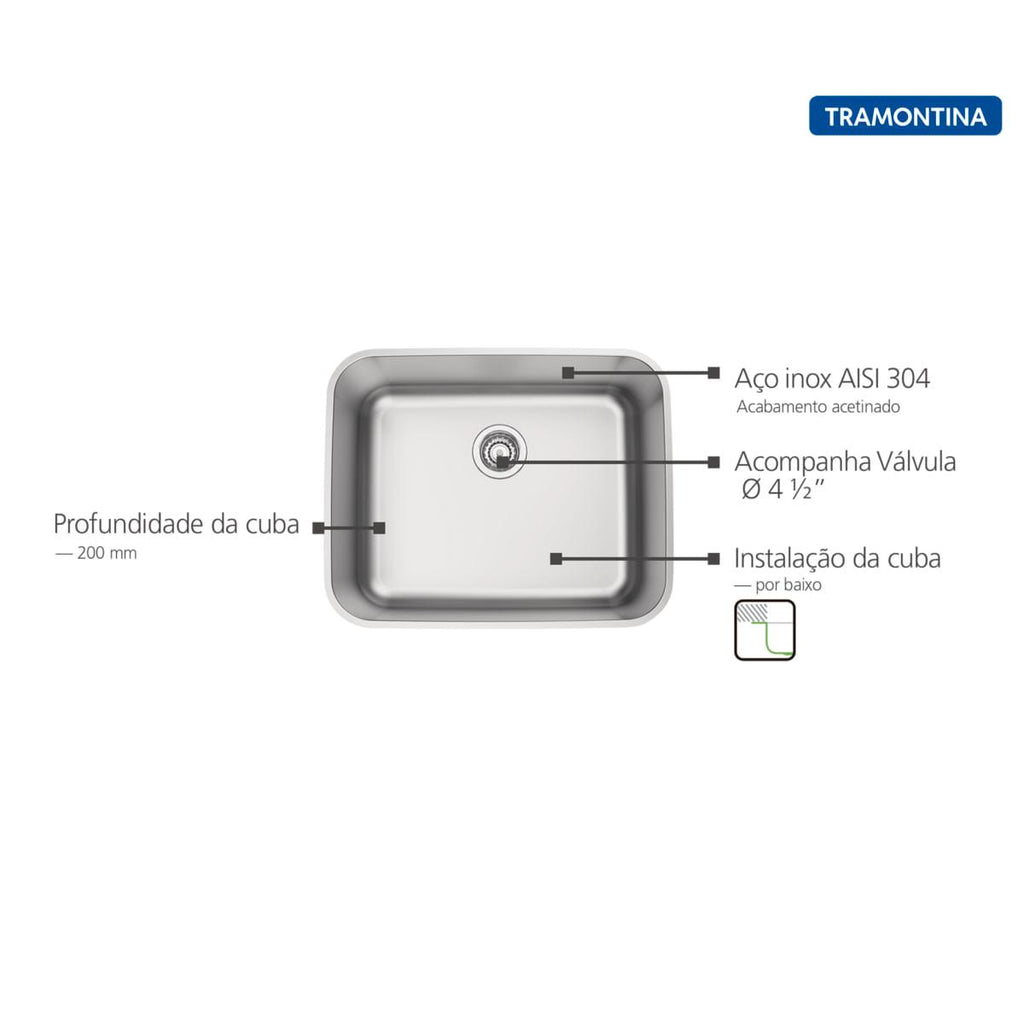 Cuba de Embutir Tramontina 50 x 40 cm Dora 50 BL em Aço Inox Acetinado com Válvula