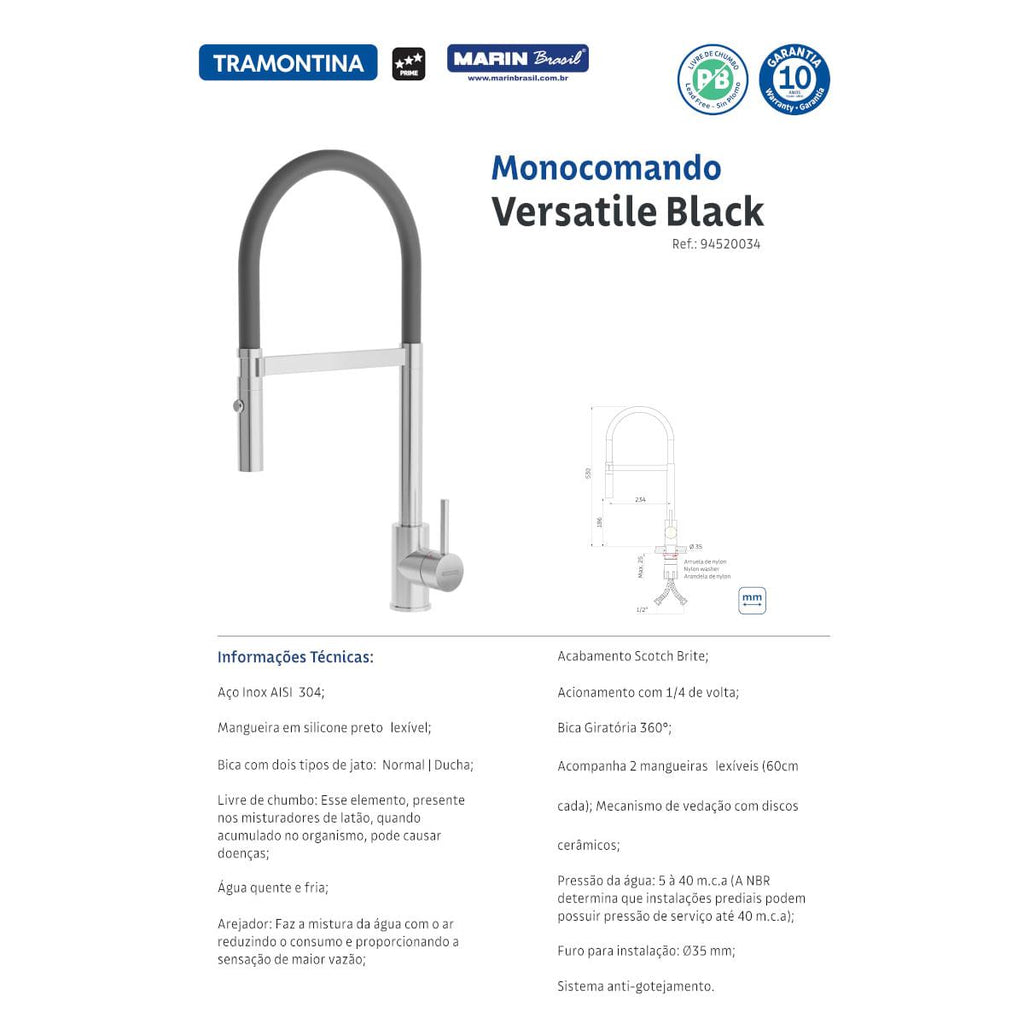 Misturador Monocomando Versatile Black em Aço Inox com Mangueira de Silicone Preto