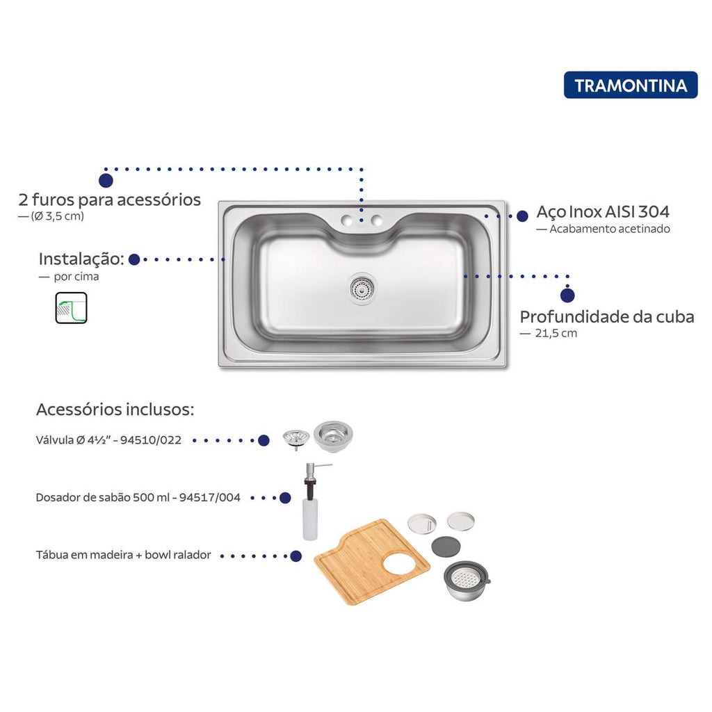 Cuba de Sobrepor Tramontina Morgana Maxi 75 FX 86 x 50 cm Aço Inox com Dosador de Sabão Tábua e Bowl Ralador