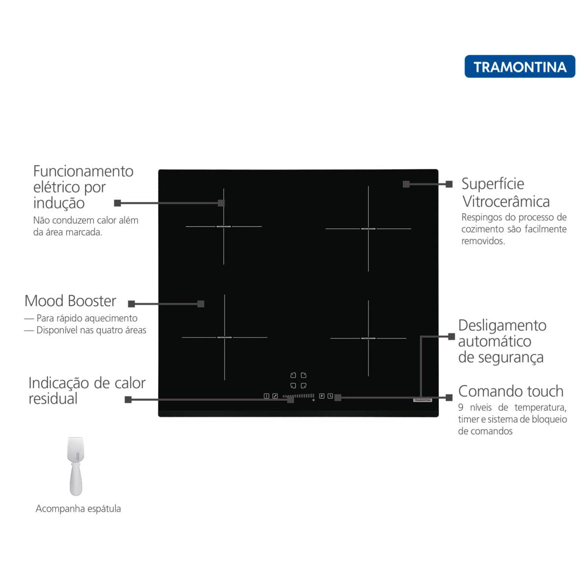 Cooktop por Indução Tramontina Square Slider B 4EI 60 Vitrocerâmico com Comando Touch 220 V