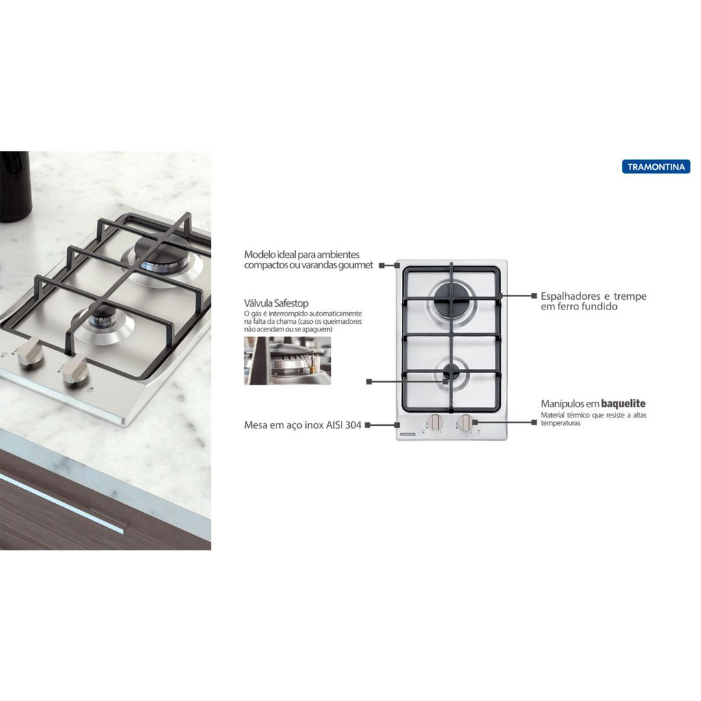 Cooktop a Gás Tramontina Dominó 2GX HE Safestop 30 em Aço Inox e Trempes em Ferro Fundido