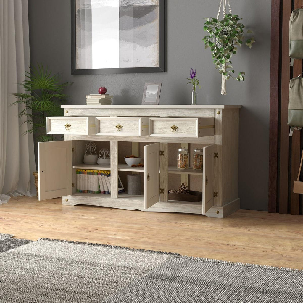 Aparador Buffet em Madeira 3 Portas 3 Gavetas 150 cm Patina Branca Elliottiis