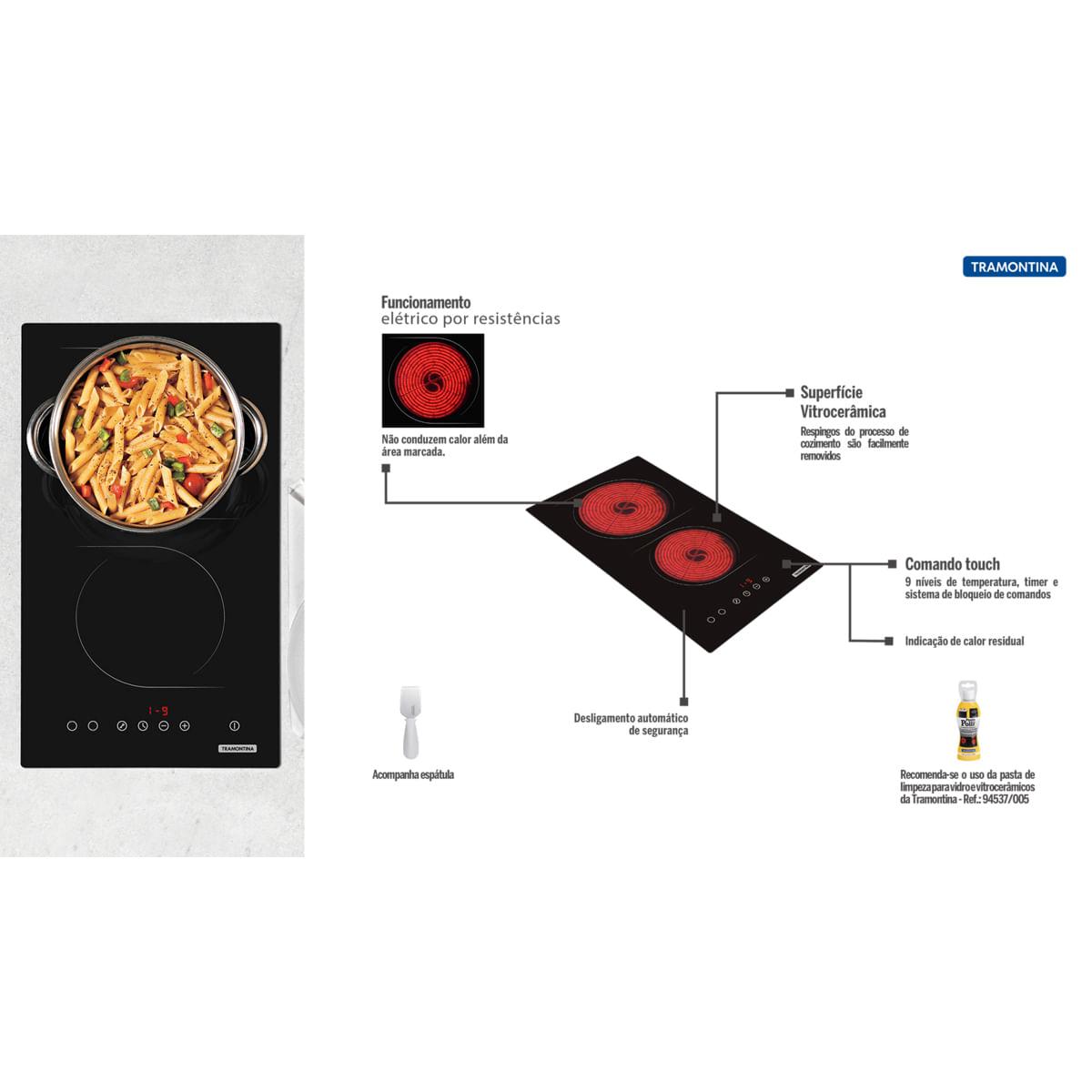 Cooktop Elétrico Tramontina New Dominó Vitrocerâmico com 2 Áreas de Aquecimento e Comando Touch