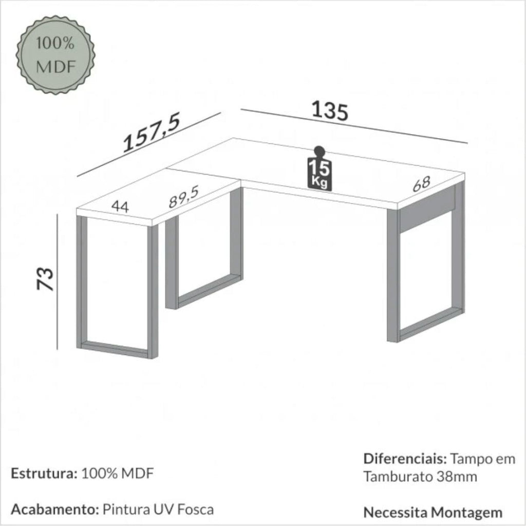 Mesa para Escritório de Canto 135x158cm MDF Off White Freijó Dalla Costa