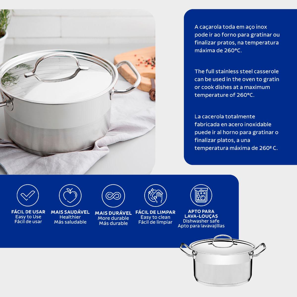 Caçarola Funda Tramontina Professional Aço Inox 6,1L com Tampa Plana e Fundo Triplo 24cm