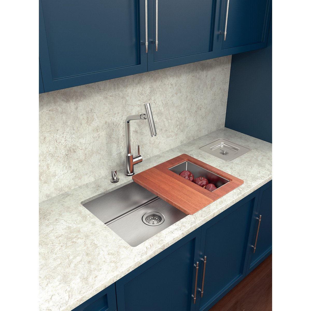 Cuba Tramontina Quadrum 70 U Undermount em Aço Inox Scotch Brite 70 x 40 cm com Dosador de Sabão, Tábua, Cesto e Lixeira Quadrada