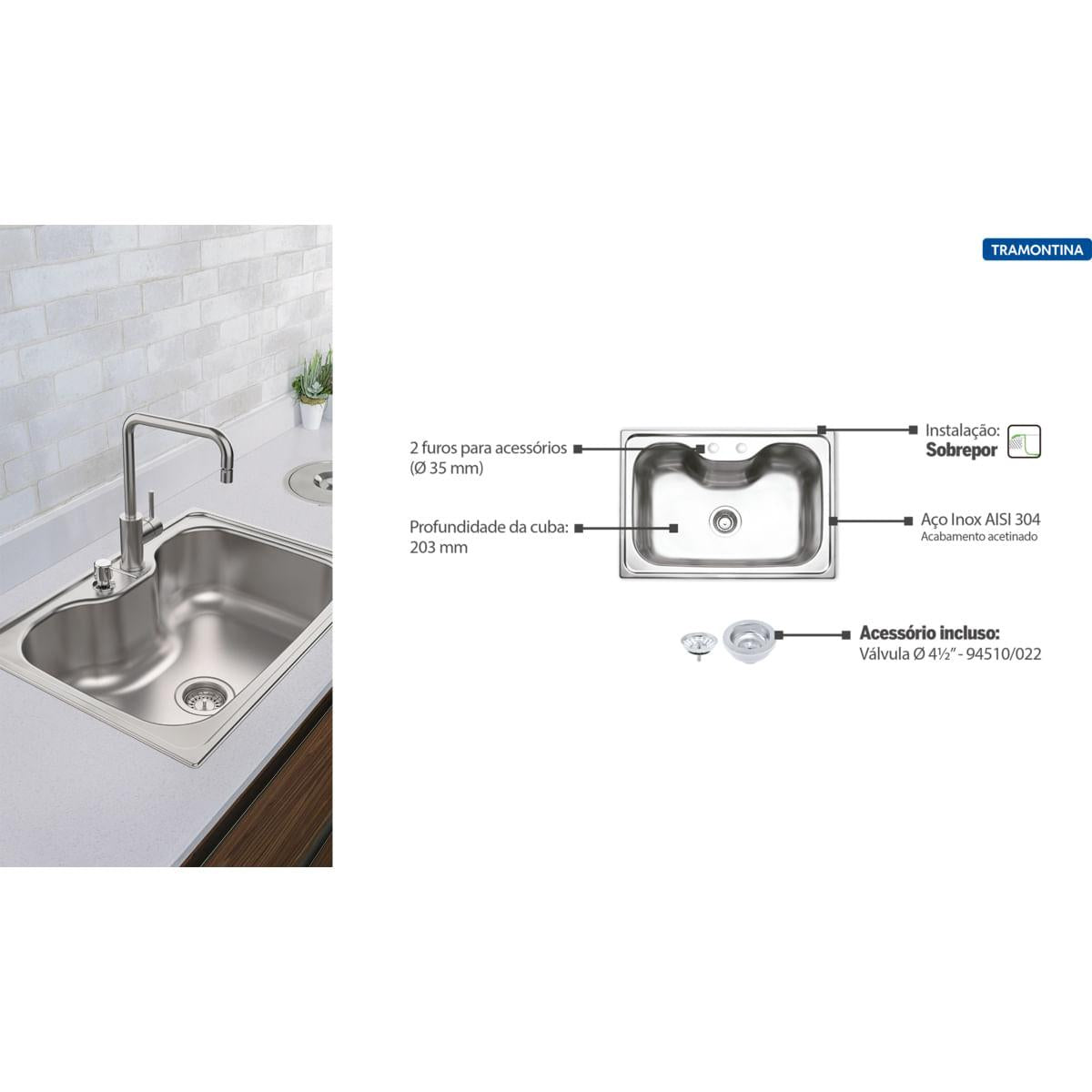 Cuba de Sobrepor Tramontina Morgana em Aço Inox com Acabamento Acetinado 69 x 49 cm com Válvula