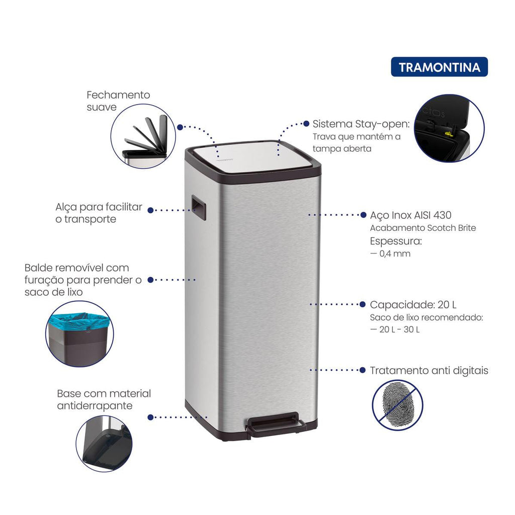 Lixeira Tramontina Octos 20 Litros em Aço Inox com Balde Removível e Pedal