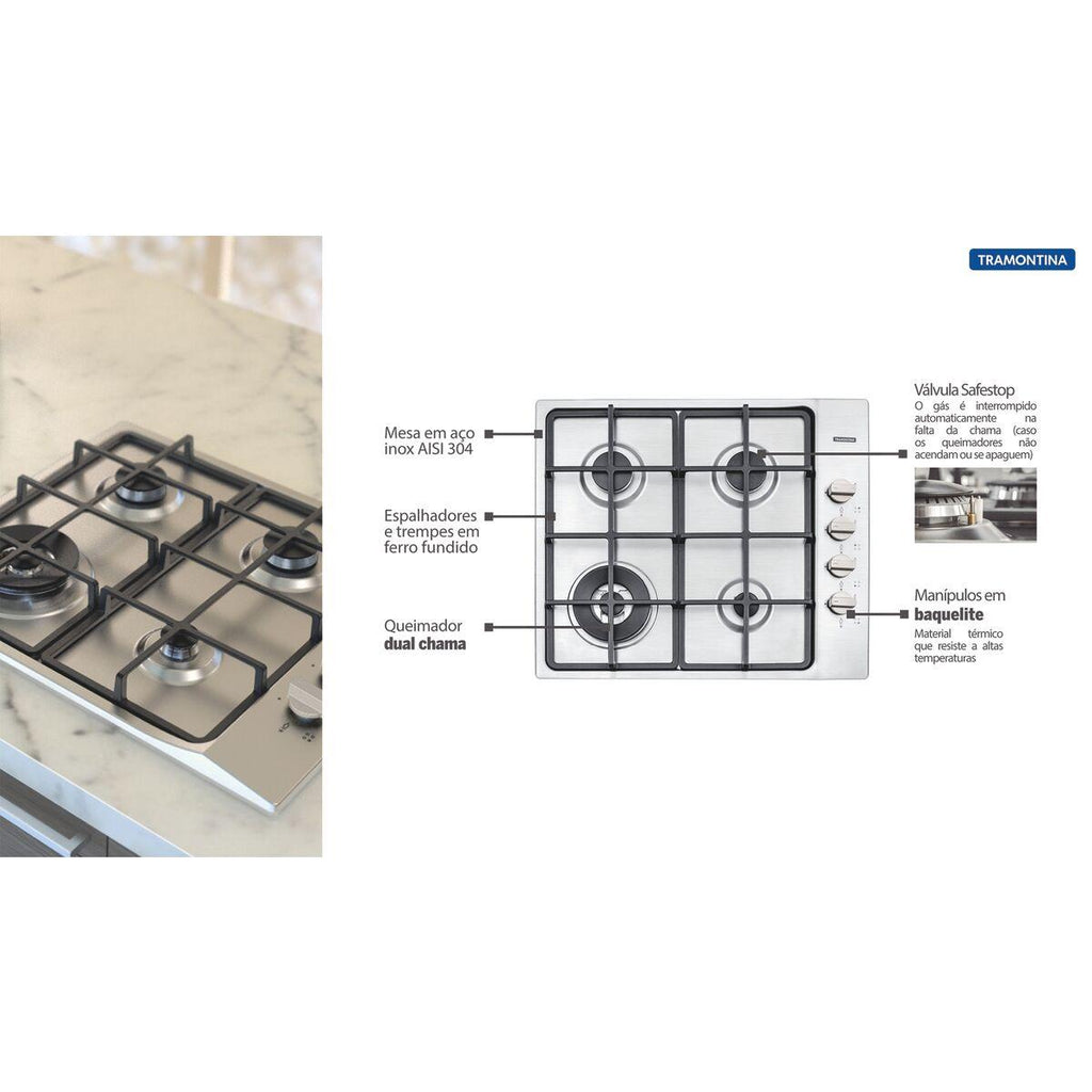 Cooktop a Gás Tramontina Square em Aço Inox Trempes em Ferro Fundido 4 Queimadores