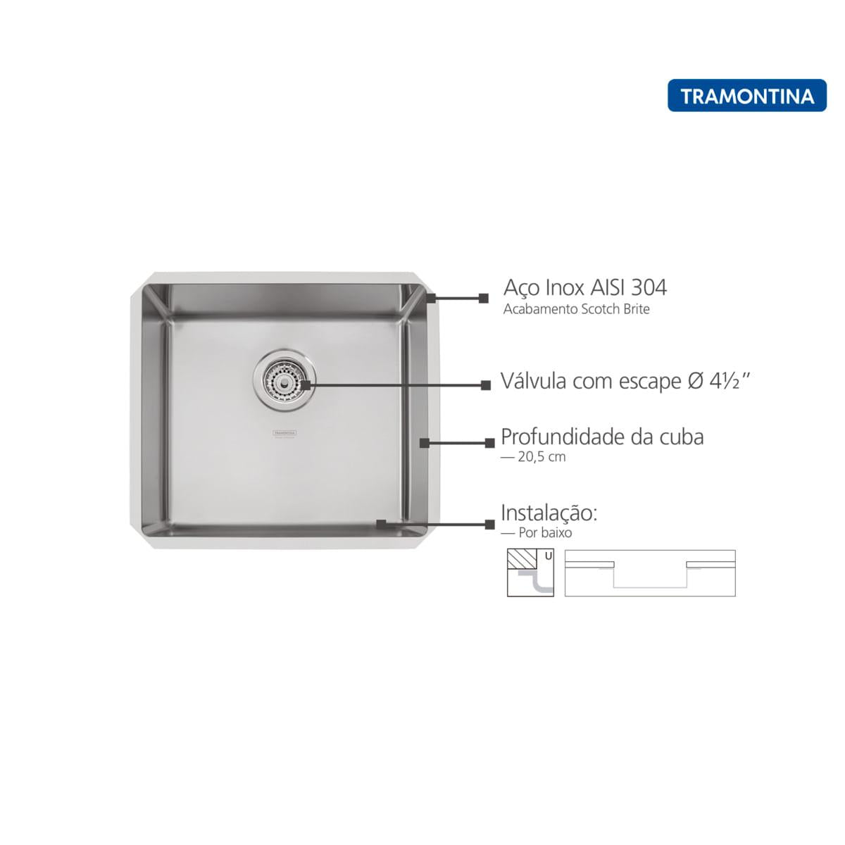 Cuba de Embutir Quadrum 45 U Undermount Tramontina 45 x 40 x 20 cm em Aço Inox Scotch Brite com Válvula