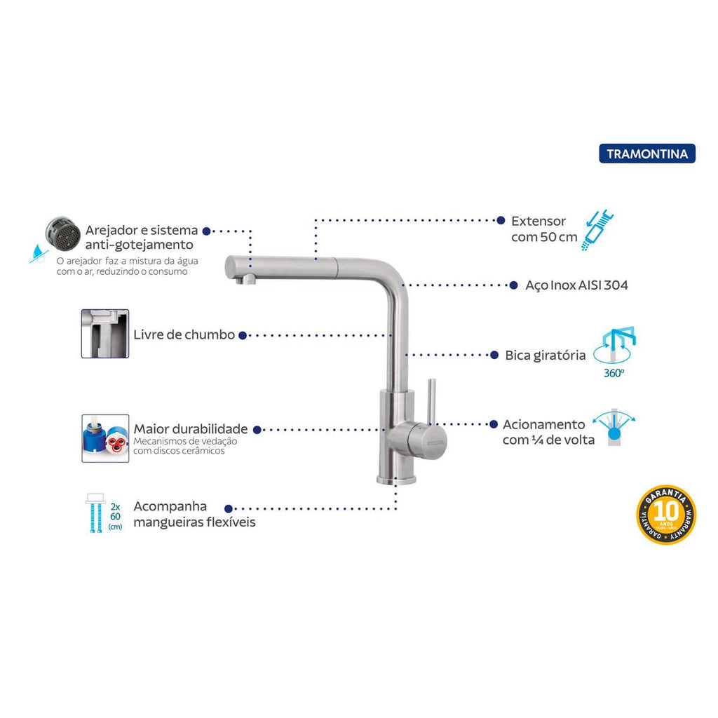 Misturador Monocomando Tramontina Monde Plus em Aço Inox e acabamento Scoth Brite com Extensor