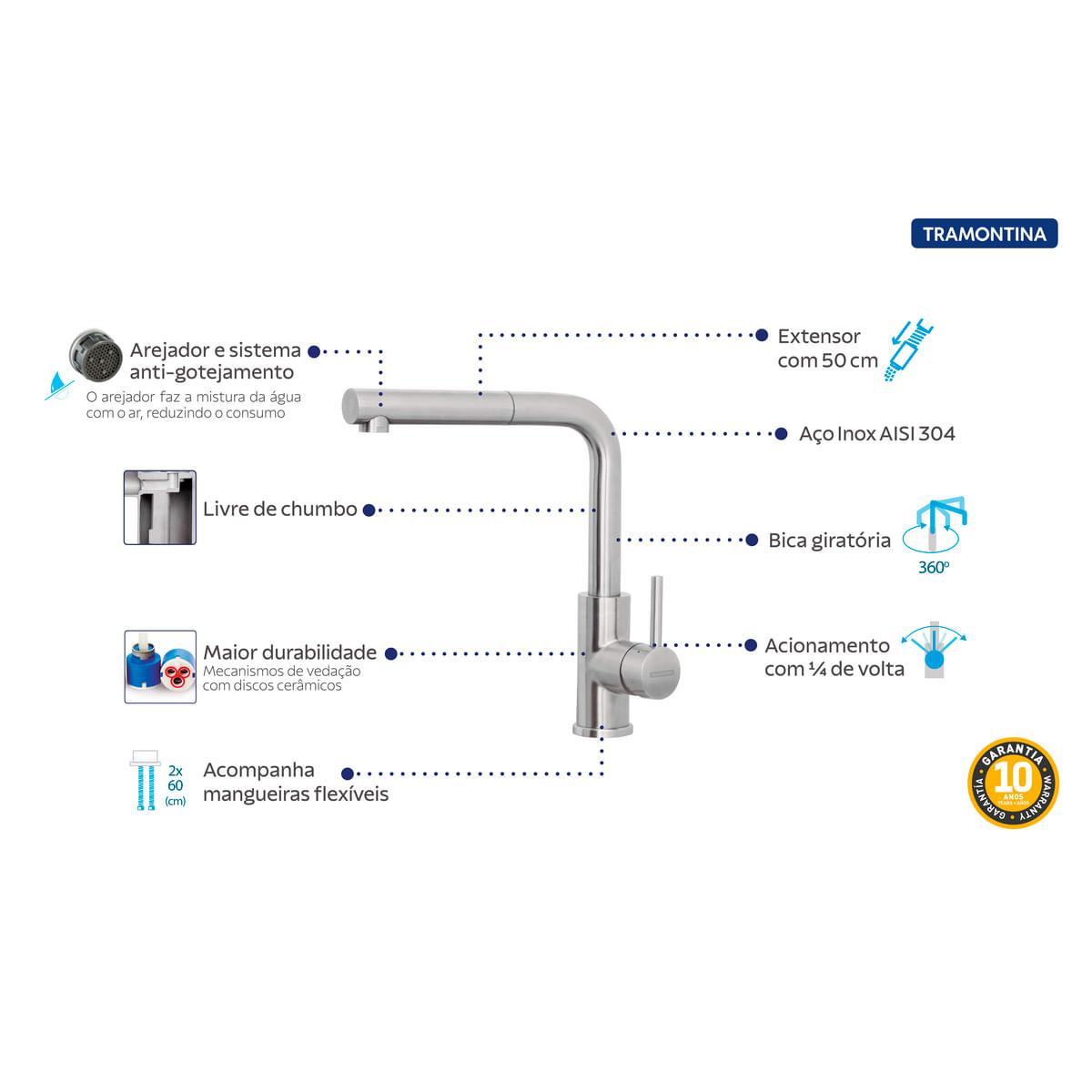 Misturador Monocomando Tramontina Monde Plus em Aço Inox e acabamento Scoth Brite com Extensor