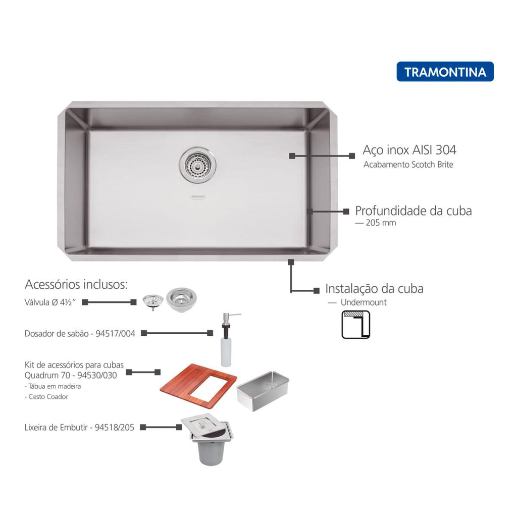Cuba Tramontina Quadrum 70 U Undermount em Aço Inox Scotch Brite 70 x 40 cm com Dosador de Sabão, Tábua, Cesto e Lixeira Quadrada