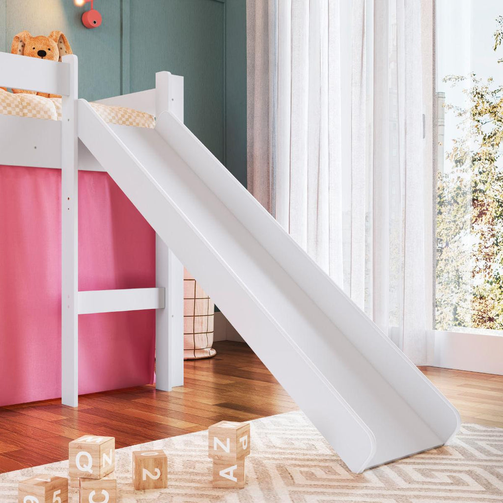 Cama Infantil Elevada com Escorregador Branco e Cortina Rosa Completa Móveis