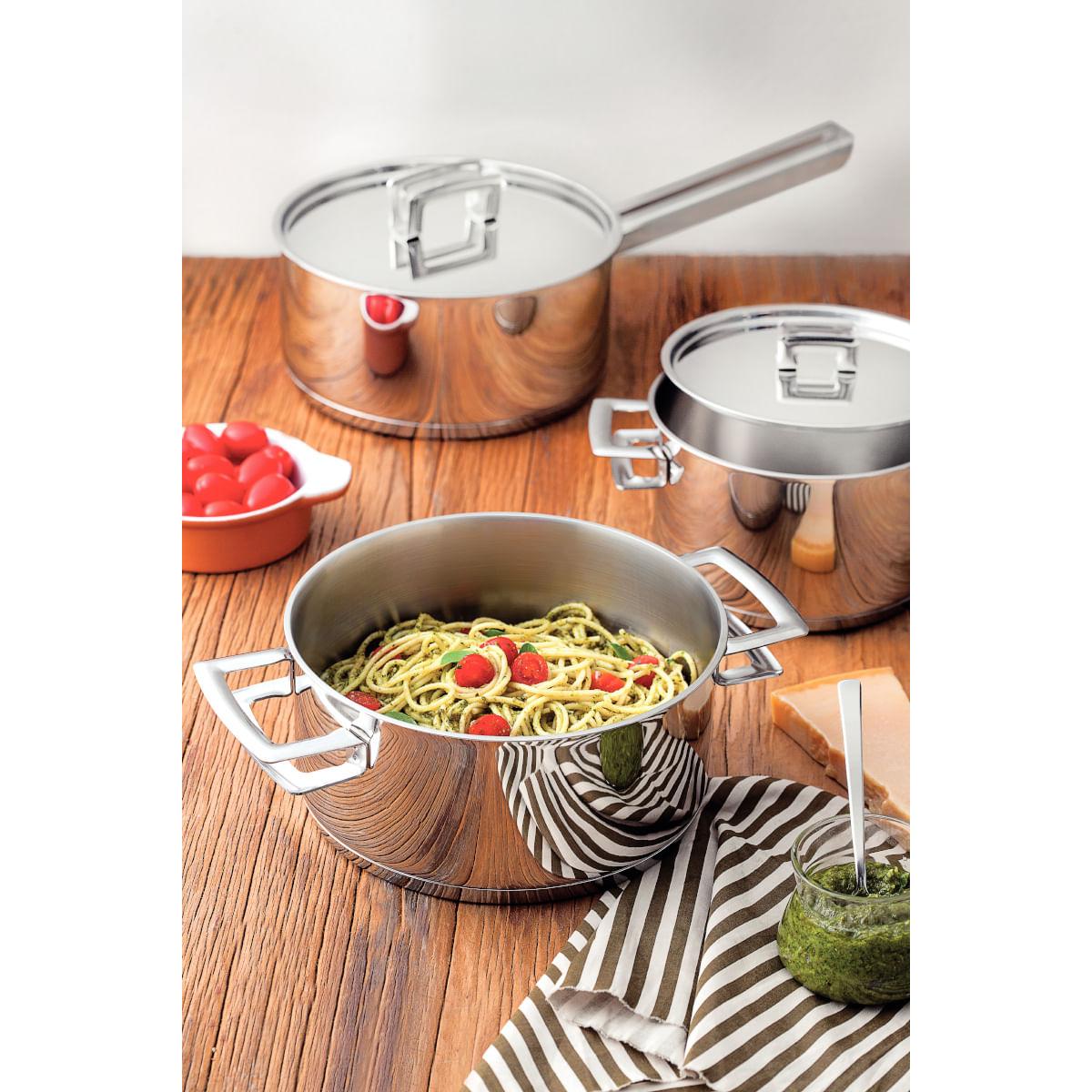 Caçarola Tramontina Brava Rasa Aço Inox com Tampa Plana 16 cm 1,4 L