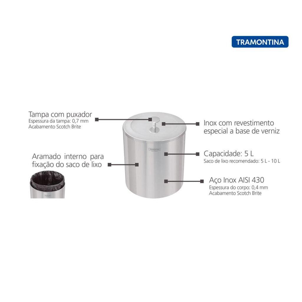 Lixeira Inox Tramontina Útil 5 Litros com Acabamento Scotch Brite
