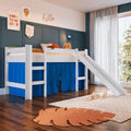 Cama Infantil Elevada com Escorregador Branco e Cortina Azul Completa Móveis
