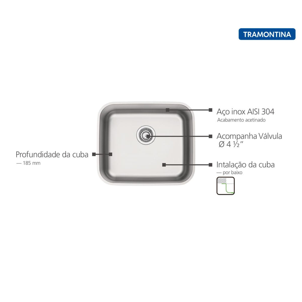 Cuba de Embutir Tramontina 40 x 34 cm Dora 40 BL em Aço Inox Acetinado com Válvula
