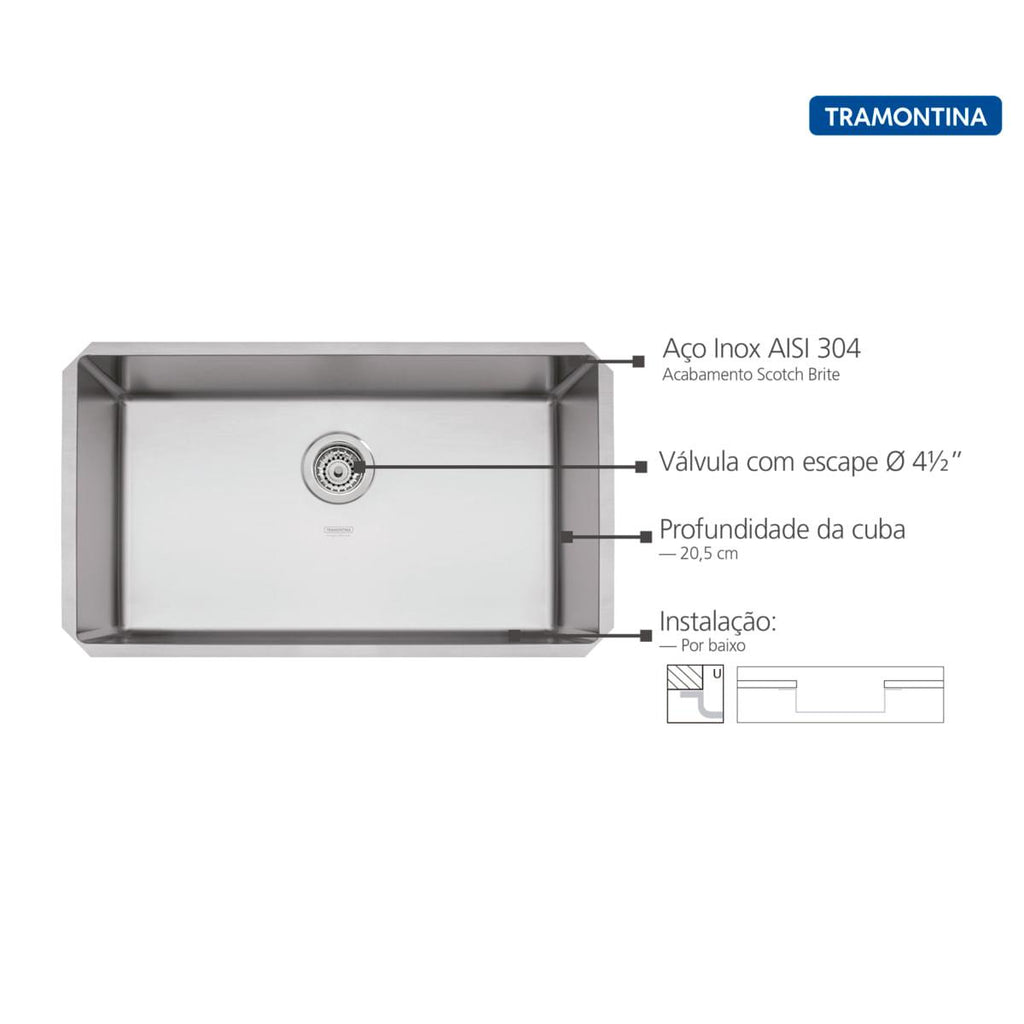 Cuba de Embutir Quadrum 70 U Undermount Tramontina 70 x 40 x 20 cm em Aço Inox Acetinado com Válvula