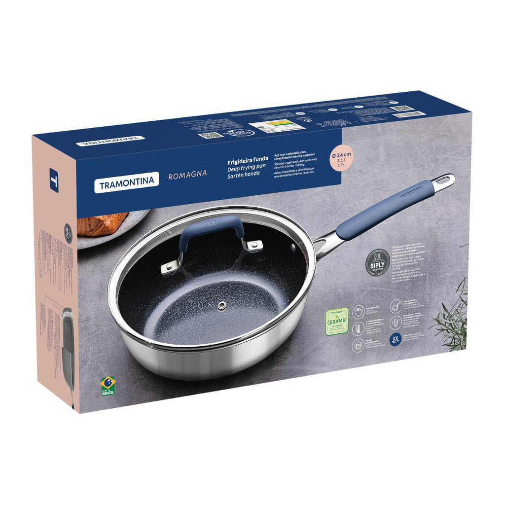 Frigideira Funda Tramontina Romagna Aço Inox Revestimento Cerâmico 24 cm 3,1 L com Tampa de Vidro