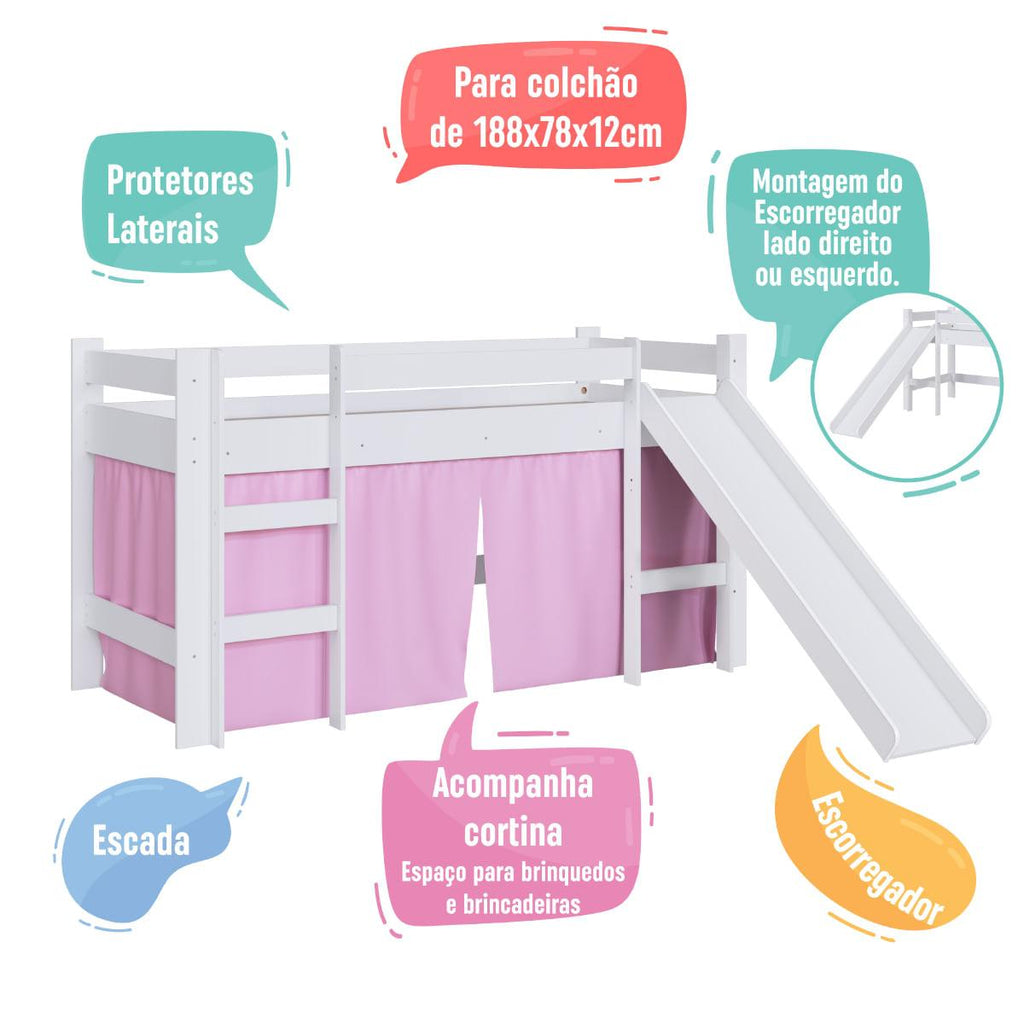 Cama Infantil Elevada com Escorregador Branco e Cortina Rosa Completa Móveis